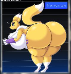 2022 absurd_res anthro ass ass_up bandai_namco big_breasts big_butt black_sclera blue_eyes breasts canid canine digimon digimon_(species) digital_media_(artwork) featureless_breasts female finalofdestinations fluffy fluffy_tail fur hi_res huge_breasts huge_butt huge_hips huge_thighs looking_at_viewer mammal mature_female neck_tuft overweight overweight_female rear_view renamon solo thick_thighs tuft white_body white_fur yellow_body yellow_fur