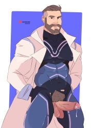 balls bara beard bodysuit boner erection fabssdaf facial_hair game_freak hands_behind_back labcoat male male_only muscles muscular nintendo penis penis_out pokemon pokemon_sv precum professor_turo ripped_clothing solo solo_male