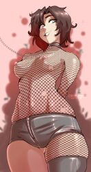 1girls asymmetrical_legwear breasts brown_hair casual clothing collar female femsub fishnet_stockings fishnets happy_sub haysey_draws human looking_at_viewer neckwear nipple_piercing pale_skin pierced_nipples piercing ruby_rose rwby silver_eyes single_thighhigh smile solo_female