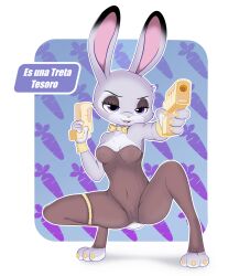 absurd_res anthro blue_eyes bunny_costume carrot clothing costume disney erect_nipples erect_nipples_under_clothes exposed female food genitals gun hi_res judy_hopps lagomorph legwear leporid mammal nipples pantyhose pink_nose plant pussy rabbit ranged_weapon small_breasts solo translation_request translucent translucent_clothing unolvidadomas vegetable weapon zootopia