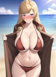 ai_generated beach big_breasts bikini blonde_hair bronze_felix clarisse_(fire_emblem) fire_emblem fire_emblem:_new_mystery_of_the_emblem nai_diffusion stable_diffusion