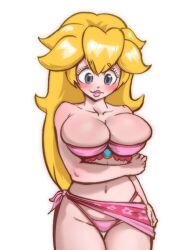 1girls arm_under_breasts big_breasts bikini blonde_hair blue_eyes blush breasts busty chell_chan cleavage embarrassed female female_only highres large_breasts legs long_hair mario_(series) navel nintendo pink_bikini pink_lips princess princess_peach sarong solo swimsuit thick_thighs thighs thong_bikini voluptuous wavy_mouth