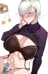 1girls abs beer beer_can blush bra breasts cleavage fiona_frost furiouzly g-string hukii hypnosis large_breasts mature_female mind_control nightfall_(spy_x_family) object_between_thighs pendulum short_hair spy spy_x_family sweat sweater toned_female turtleneck white_hair