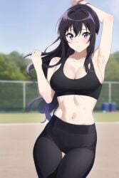 1girls ai_generated armpits arms_up black_bra black_clothing black_hair black_legwear cleavage cowboy_shot female hibike!_euphonium kousaka_reina leggings long_hair looking_at_viewer midriff nai_diffusion navel ponytail solo sports_bra sportswear stable_diffusion tight_clothing yoga_pants