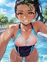 ai_generated breasts clothing dark-skinned_female dark_skin female female_only freckles human looking_at_viewer nai_diffusion nemona_(pokemon) nipples one-piece_swimsuit pokemon pokemon_sv ponytail see-through see-through_clothing selfie smile stable_diffusion swimming_pool swimsuit swimwear wet