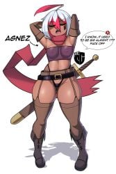 agnez_(igxxiii) boots closed_eyes dark_skin gloves igxxiii red_hair sharp_teeth short_hair small_breasts sword tagme tomboy two_tone_hair white_background wide_hips