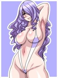 1girls alternate_costume armpits camilla_(fire_emblem) cleavage female female_only fire_emblem fire_emblem_fates hair_over_one_eye inabakun00 long_hair nintendo pink_eyes purple_hair slingshot_swimsuit smile solo swimsuit very_long_hair white_swimsuit