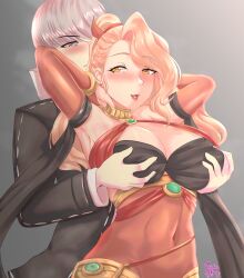 1boy alternate_costume bodystocking breast_grab breasts cleavage cosplay dancer dorothea_arnault_(cosplay) dorothea_arnault_(plegian)_(cosplay) double_breast_grab female female_focus fire_emblem fire_emblem_heroes groping large_breasts male margaret_(persona) narukami_yu nintendo open_mouth orange_eyes orange_hair persona persona_4 plegian rinku_bny smile