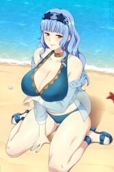 1girls alternate_costume alternate_hairstyle bare_shoulders beach bikini blue_bikini blue_footwear blue_hair blue_hairband blue_nails breasts brown_eyes choker cleavage collarbone female female_only fire_emblem fire_emblem:_three_houses fire_emblem_heroes fire_emblem_warriors:_three_hopes hairband hand_on_ground highres jacket large_breasts lindaroze long_hair looking_at_viewer marianne_von_edmund marianne_von_edmund_(summer) nintendo official_alternate_costume official_alternate_hairstyle outdoors platform_footwear sand sandals see-through see-through_jacket sitting smile solo swimsuit thick_thighs thighs toes wariza water watermark