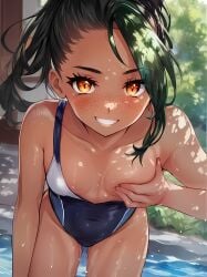 ai_generated blush breast_grab covering_breasts covering_nipples dark-skinned_female dark_skin female female_only freckles looking_at_viewer nai_diffusion nemona_(pokemon) one-piece_swimsuit one_breast_out pokemon pokemon_sv ponytail smile stable_diffusion swimming_pool swimsuit wet