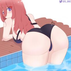 1girls absurdres ass bangs bare_shoulders bikini blue_bikini blue_eyes blush breasts el_bin female from_behind go-toubun_no_hanayome hair_between_eyes highres large_breasts light-skinned_female light_skin long_hair looking_back nakano_miku pool poolside swimsuit thick_thighs thighs water