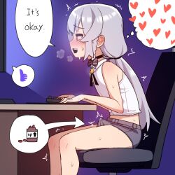 1boy at_computer bare_arms black_choker blush bow braid bulge chair choker english_text erection erection_under_clothes femboy from_side girly grey_hair hairbow heart ikr_(artist) keyboard_(computer) long_hair male male_focus male_only open_mouth otoko_no_ko precum_through_clothes precum_through_clothing shirt short_shorts shorts sitting sleeveless sleeveless_shirt small_penis solo solo_male speech_bubble spoken_heart teeth text thought_bubble tongkkangi tongkkangi_(streamer) trap upper_teeth virtual_youtuber white_shirt