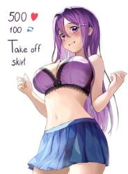 5_fingers big_breasts blue_skirt bra breasts doki_doki_literature_club english_text heart_icon long_hair machulanko number numbers purple_bra purple_eyes purple_hair retweet_icon skirt strip_game text white_background yuri_(doki_doki_literature_club)