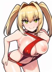 1girls ai_generated blonde_hair fate/extra fate/grand_order fate_(series) female flashing flashing_breasts green_eyes large_breasts light-skinned_female light_skin looking_at_viewer nai_diffusion nero_claudius_(fate) nero_claudius_(swimsuit_caster) nipples one_breast_out revealing_clothes revealing_swimsuit simple_background smile smug stable_diffusion twintails white_background