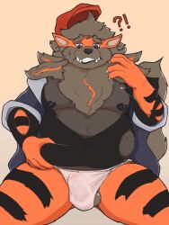 ?! after_transformation alebehemut anthro arcanine asian_clothing balls barely_visible_genitalia belly big_belly black_nipples clothed clothing confusion dark_body dark_fur east_asian_clothing erection erection_under_clothing fundoshi fur generation_1_pokemon genitals hi_res hisuian_form holding_belly implied_transformation ineffective_clothing ineffective_underwear japanese_clothing looking_down male male_only neck_tuft nervous_smile nervous_sweat nintendo nipples orange_body orange_fur overweight pokémon_(species) pokemon pokemon_(species) regional_form_(pokemon) simple_background teeth_showing torn_clothing transformation tuft underwear unwanted_erection video_games weight_gain