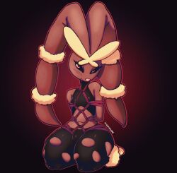 anthro anthrofied bondage brown_body brown_fur bulge bunny_girl femboy furry hips lopunny mammal mega_evolution mega_lopunny nintendo on_knees pink_pupils pokémon_(species) pokemon pokemon_(species) ripped_clothing ripped_leggings rope seductive_smile shibari simple_background slim_waist sports_bra sportswear stickyickytar thick_thighs voluptuous wide_hips workout_clothes