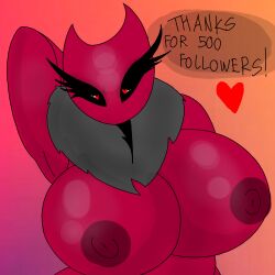 anthro anthro_only big_breasts black_sclera breasts english english_text heart heart-shaped_pupils insect_girl insect_humanoid insects large_breasts looking_at_viewer milestone_celebration nipples plapjax raspberry_(plapjax) text