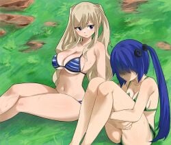 2girls big_boobs big_breasts bikini blonde_hair blue_eyes blue_hair boobs breasts edens_zero female_only gaston18 green_eyes hands_around_legs hugging_legs labilia_christy long_hair multiple_girls rebecca_bluegarden tagme