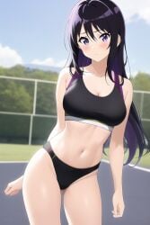 1girls ai_generated black_bra black_clothing black_hair black_underwear cleavage cowboy_shot dark_hair female hibike!_euphonium kousaka_reina long_hair looking_at_viewer midriff nai_diffusion navel outdoors outside purple_eyes purple_hair solo sports_bra sportswear stable_diffusion thighs thong underwear