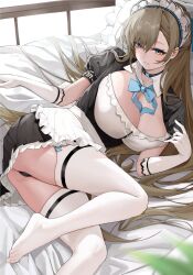 1girls alternate_costume asuna_(blue_archive) black_panties blonde_hair blue_archive blue_eyes blush cleavage female_only footwear large_breasts light-skinned_female light_brown_hair light_skin long_hair maid maid_headdress miniskirt mole_on_breast mr.zhuo no_bra on_bed skirt solo_focus thick_thighs thighhighs thighs uncensored underwear white_gloves white_legwear white_stockings wide_hips