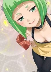 1girls accidental_exposure boobs breasts edens_zero gaston18 green_eyes green_hair kleene_rutherford looking_at_viewer showing_breasts small_breasts smile smiling smiling_at_viewer sole_female solo standing