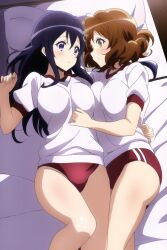 2girls ai_generated arm_around_waist black_hair bloomers brown_hair buruma gym_uniform hibike!_euphonium kousaka_reina looking_at_another lying nai_diffusion on_bed oumae_kumiko panties red_buruma red_panties sportswear stable_diffusion t-shirt thighs underwear white_shirt yuri