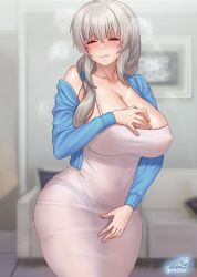 1girls blush breasts busty dress embarrassed female gonster grey_hair huge_breasts indoors mature_female milf mother panties_visible_through_clothing see-through see-through_clothing side_ponytail thick_thighs uzaki-chan_wa_asobitai! uzaki_tsuki voluptuous white_hair wide_hips