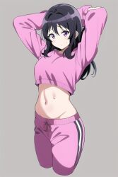 1girls ai_generated arms_behind_head arms_up black_hair casual female hibike!_euphonium kousaka_reina long_hair looking_at_viewer loungewear midriff nai_diffusion navel pink_legwear pink_topwear solo sportswear stable_diffusion sweat sweatdrop sweater sweater_lift sweatpants track_pants