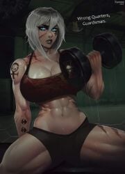 1girls abs adepta_sororitas big_breasts blue_eyes bottomwear boxers breasts dialogue english_text female female_only fleur-de-lis gym imperium_of_man inquisition_(warhammer_40k) lifting muscle_girl muscular muscular_female nyuunzi order_of_our_martyred_lady purity_seal scars shorts sister_of_battle tank_top tattoo tattoo_under_eye tattooed_arm tattoos text thick_thighs topwear varity_(40k_oc) warhammer_(franchise) warhammer_40k white_hair