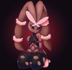 anthro anthrofied bondage brown_body brown_fur bulge bunny_girl femboy furry generation_4_pokemon generation_6_pokemon hips lopunny mammal mega_evolution mega_lopunny nintendo on_knees pink_pupils pokémon_(species) pokemon pokemon_(species) ripped_clothing ripped_leggings rope seductive_smile shiny_pokemon simple_background slim_waist sports_bra sportswear stickyickytar thick_thighs voluptuous wide_hips workout_clothes