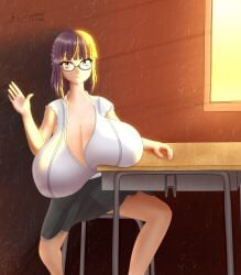 1girls aiba-kun arms_up bangs big_breasts blunt_bangs breast_rest breasts brown_eyes closed_mouth clothed clothing eyebrows_visible_through_hair eyelashes female female_only fujimiya_sumika glasses greeting hand_on_table huge_breasts hyper_breasts indoors isekai_ojisan large_breasts light-skinned_female light_skin looking_at_viewer medium_hair purple_hair school_desk semi-rimless_eyewear semi-rimless_glasses shirt sitting skirt smiling_at_viewer solo solo_female sunlight_rays sunset white_shirt window