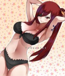 1girls big_boobs big_breasts bikini black_bikini black_swimsuit boobs breasts edens_zero elsie_crimson eye_patch hair_ornament hands_behind_back hands_behind_head long_hair ponytail red_eyes red_hair ribbon ribbon_in_hair sole_female solo tagme takeshi61_(artist) tattoo tattooed_arm