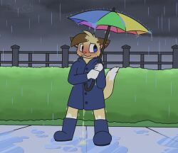 anthro blush bodily_fluids clothing coat colored fence genital_fluids hedge humanoid male peeing puddle raincoat raining ritz_(ritzcat) ritzcat solo topwear umbrella urine