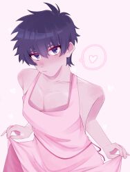 apron apron_lift black_hair blue_eyes blue_hair blush crossdressing dark_hair embarrassed expressionless gintama hijikata_toshiro hzkttusru looking_at_viewer male male_only naked_apron pale-skinned_male pale_skin solo spoken_heart twink