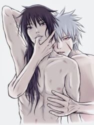 2boys bite_marks black_hair finger_in_mouth gay licking long_hair naked naruto red_eyes senju_tobirama uchiha_izuna white_hair yaoi