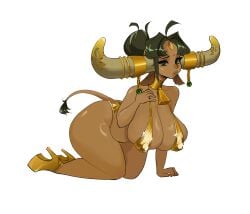 1girls 2022 absurd_res ahoge all_fours big_breasts big_horns bikini black_hair bobbybuttbuck cow_ears cow_girl cow_horns cow_tail dark-skinned_female dark_skin female female_only green_eyes heels horn_ornament horns jewelry leaning_on_hand looking_at_viewer nipple_bulge original solo tail tail_tuft thick_thighs tied_hair white_background