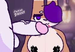 <3_eyes anthro balls breasts brown_body duo erection female genitals hair heart hi_res lagomorph latex leporid male male/female mammal penis purple_hair rabbit vicky_bnuuy victini_bnuuy white_body