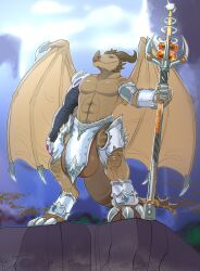 2022 anthro armor balls big_balls biped brown_balls brown_body claws digital_media_(artwork) dragon finger_claws genitals hi_res holding_object holding_staff horn huge_balls hyper hyper_balls hyper_genitalia male membrane_(anatomy) membranous_wings muscular muscular_anthro muscular_male pig_(artist) scalie solo staff toe_claws unconvincing_armor western_dragon wings