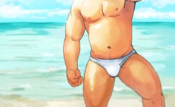 1boy beach big_thighs gay male_focus male_only muscular muscular_male smooth_skin speedo suv_(artist) suv_(suv032) swimsuit torso