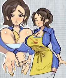 1girls apron banana big_breasts blue_shirt blush breast_focus breasts brown_eyes brown_hair chocobabka cleavage clothing earrings female female_only game_freak hair huge_breasts lips mature mature_female mature_woman milf mother mother_(pokemon_sv) nail_polish nails pokemon pokemon_sv shirt solo solo_female thick_lips topwear yellow_apron yellow_nail_polish yellow_nails