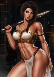 1girls abs armor ass assassin's_creed_(series) assassin's_creed_odyssey big_ass big_breasts big_butt black_hair braided_hair breasts cleavage dandon_fuga eyelashes eyeshadow female female_focus female_only huge_breasts kassandra large_ass long_hair looking_at_viewer magazine muscles muscular muscular_female navel no_bra no_panties pose posing solo standing sword thick_thighs thighs ubisoft weapon