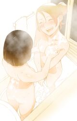 2girls above_view bath bathing bathroom bathtub black_hair blonde_hair breast_squish breasts closed_eyes couple groping_breasts happy kishi_torajiro multiple_girls nude nude_female smile soap standing steam water wet wholesome yuri