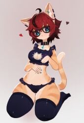 1girls aeiou_(yoako) ahoge anthro bangs big_breasts blue_eyes breasts cat_ears cat_tail cleavage_cutout domestic_cat earrings feline female female_only fur furry furry_only glasses heart kneeling looking_at_viewer medium_hair red_hair soda_uyu solo stockings symbol-shaped_pupils tail thick_thighs thigh_squish unusual_pupils