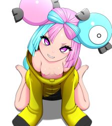 almost_naked blue_hair cyan_hair down_blouse feet gym_leader iono_(pokemon) long_hair looking_at_viewer looking_up nipples nude_underneath pink_eyes pink_hair pointy_teeth pokemon pokemon_sv shark_teeth shinjicoca sitting small_breasts smile yellow_jacket