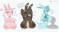 2020s 2022 3girls absurd_res anthro areola big_breasts breasts dialogue digital_media_(artwork) disembodied_penis eeveelution english_text eyebrows female female_pokemon front_view fuyuki_(gammainks) gammainks genitals glaceon half-closed_eyes hi_res huge_breasts human human_on_anthro humanoid_genitalia humanoid_penis kiwi_(gammainks) male male/female male_human/female_anthro mammal narrowed_eyes nintendo nipple_piercing nipples penis piercing pokémon_(species) pokeharlot pokemon pokemon_(species) serena_(gammainks) side_view simple_background sylveon text umbreon video_games