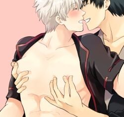 2boys black_hair blush gay gintama gintoki_sakata groping hijikata_toshiro looking_at_another looking_back male male_only natsugin77 nipple_pinch nipple_play nipple_tweak open_shirt pink_background smile upper_body white_hair yaoi