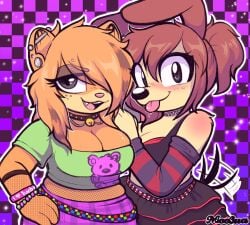 2girls anthro big_breasts breasts brown_hair canid canine clothed clothing collar ear_piercing eyebrow_piercing eyebrows_visible_through_hair female female_only furry furry_only garfield_(series) garfield_the_cat moozuamary odie orange_fur orange_hair paramount_pictures paws,_inc. rule_63 scene_(fashion) scene_kid scenecore tagme tailwag