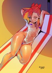 1girls lying one-piece_swimsuit pinup pose red_hair small_breasts swimsuit tzai wide_hips