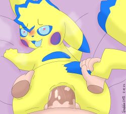 <3_eyes absurd_res anal anal_sex anus ass ass_up balls bed bedding big_butt blue_body blue_eyes blue_fur blue_hair_tips blue_pupils blue_sclera blush butt_grab cosplay_pikachu deep_penetration dominant dominant_male duo feral first_person_view fur furniture generation_1_pokemon genitals glistening glistening_genitalia hand_on_butt heart hi_res human interspecies looking_at_viewer looking_back looking_pleasured male male/male mammal nintendo on_bed on_bedding open_mouth penetration pikachu pokémon_(species) pokemon pokemon_(species) pokephilia pupils raised_tail rodent sex simple_background size_difference sparkchu sparkchu01 squish submissive submissive_male tail_grab tail_pull tongue tongue_out video_games wide_hips yellow_body yellow_fur