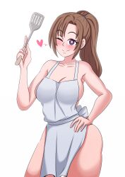 1girls apron apron_only big_breasts blush breasts brown_hair do_you_love_your_mom_and_her_two-hit_multi-target_attacks? female female_only hair hand_on_hip heart huge_breasts mature mature_female mature_woman milf mother naked_apron one_eye_closed oosuki_mamako ponytail purple_eyes smile solo solo_female spatula spoken_heart thighs tsuujou_kougeki_ga_zentai_kougeki_de_ni-kai_kougeki_no_okaasan_wa_suki_desu_ka? white_apron wink